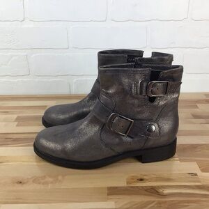 Bocage grey silver shiny ankle chelsea boot moto harness leather bikercore vegan